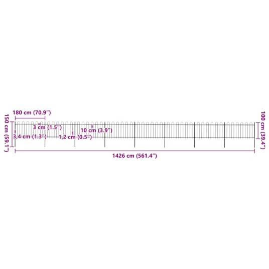 vidaXL Hagegjerde med buet topp stål 13,6x1 m svart