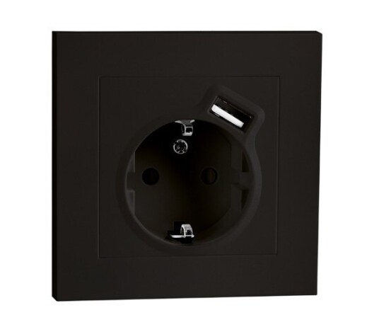 SG Stikkontakt Enkel m/Jord + USB-A 2,4A Lader Innfelt Sort