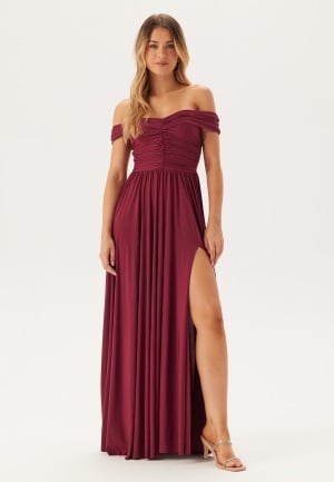 Goddiva Bardot Rouched Maxi Split Dress Berry XXS UK6