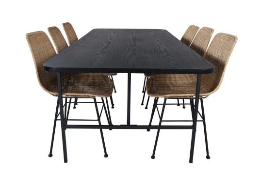 Venture Design Uno & Bali spisegruppe Natur/svart 6 stoler & bord 200 x 90 cm