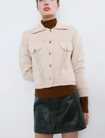 Mango Knitted Jacket With Polo Collar CreaM