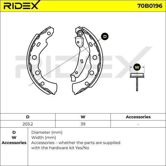 Bremsesko sett RIDEX 70B0196 Bremsesko sett RIDEX 70B0196