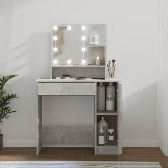 vidaXL Sminkebord med LED betonggrå 86,5x35x136 cm