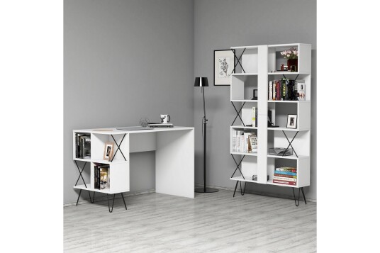 Skrivebord Amtorp 120 cm med Oppbevaring Hylle + Bokhylle Ekstra Hvit