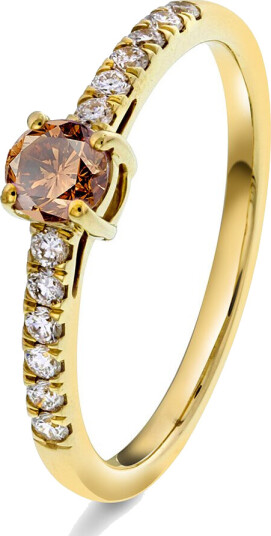 Pan Jewelry, Ring i 585 gult gull med diamanter 0,19 ct med champanje granat sten, størrelse 58