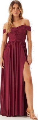 Goddiva Bardot Rouched Maxi Split Dress Berry XS UK8