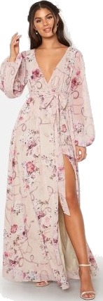 Goddiva Floral Long Sleeve Chiffon Maxi Dress Latte L (UK14)