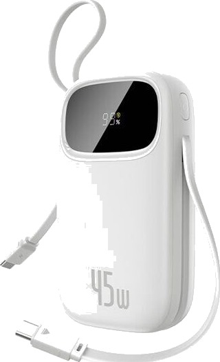 Baseus Enerfill Fc31 Qpow3 Powerbank 20000 Mah 45W Med Digitalt Display Og 2 Innebygde Kabler Usb-C - Hvit