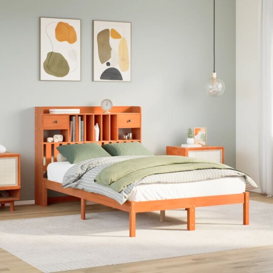 Seng med bokhylle uten madrass voksbrun 120x190 cm heltre furu 8721158604255