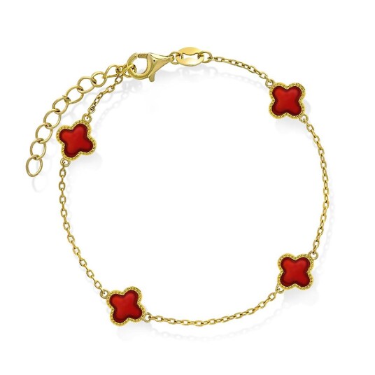Pan Jewelry Kløver armbånd i 925 forgylt sølv med syntetisk rød agat Pan Jewelry Kløver armbånd i 925 forgylt sølv med syntetisk rød agat