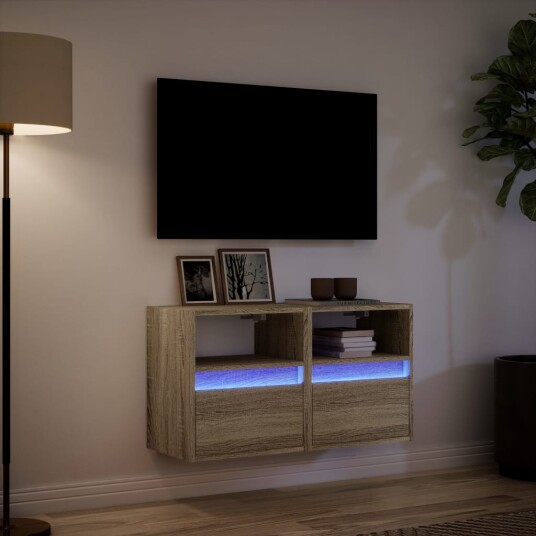 Vegghengte TV-benker med LED 2 stk sonoma eik 41x31x45 cm 852318 Vegghengte TV-benker med LED 2 stk sonoma eik 41x31x45 cm 852318
