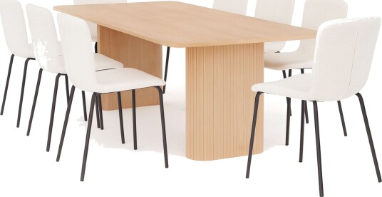 Kopparbo Spisebord 200-260 cm Uttrekkbart med ileggsplate med 8 Katy Spisestoler - Hvit / Hvit Bouclé / Metallben Svart
