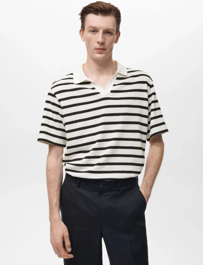 Mango Striped Textured Knitted Polo Shirt - White - M Mango Striped Textured Knitted Polo Shirt - White - M