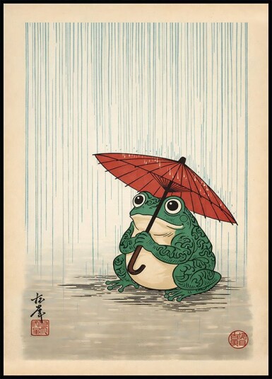 Posterbox Japanese Frog with Umbrella Poster Woodblock Art Print Plakat Plakat / 100x150cm 