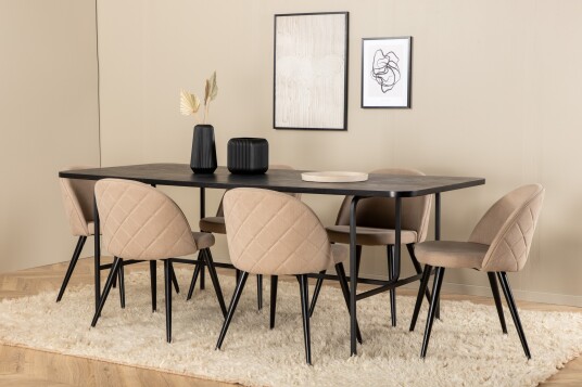 Venture Home Uno Spisegruppe 200 cm Rektangulær med 6 Velvet Stoler Beige