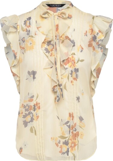 Lauren Ralph Lauren Floral Pintucked Tie Neck Blouse   Cream   S