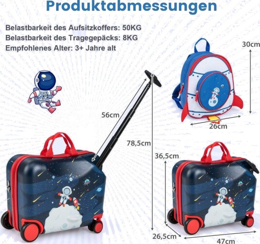 2-delt barnekoffert + ryggsekk 47 cm lang kjørekoffert og 30 cm bred ryggsekk 12"+18" astronauter