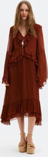 Malina Wilhelmina Ruffled Chiffon Midi Dress Brown 42 Malina Wilhelmina Ruffled Chiffon Midi Dress Brown 42