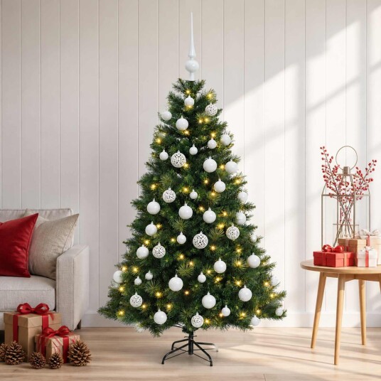 vidaXL Kunstig juletre med julekuler 120 cm 150 LED-lys Varmhvit