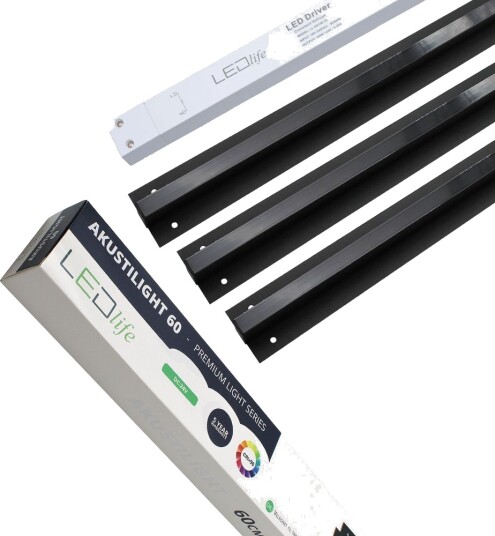 Ledlife Sort Troldtekt LED Skinnesett 3x60 cm Planforsenket Akustilight inkl. ledninger og driver Kulør : Varm