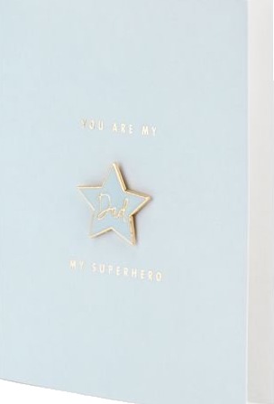 Lyseblå "You are my Dad my superhero" kort med Jakkemerke/Pin 10,5x14,8 cm