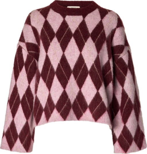 Selected Femme Lulu Brushed Long Sleeve Argyle Knit O Neck Burgunder S