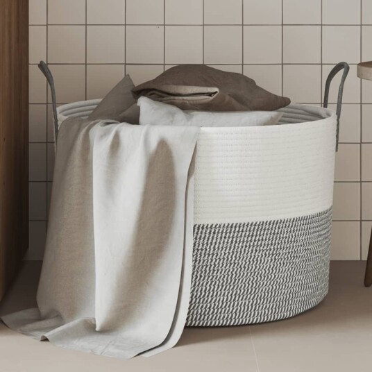  Oppbevaringskurv grå og hvit Ø51x33 cm bomull