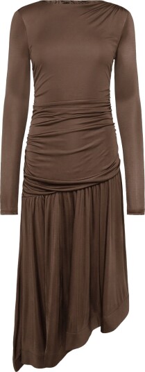 Malina Lionelle Asymmetrical Ruffled Jersey Midi Dress   Brown   S