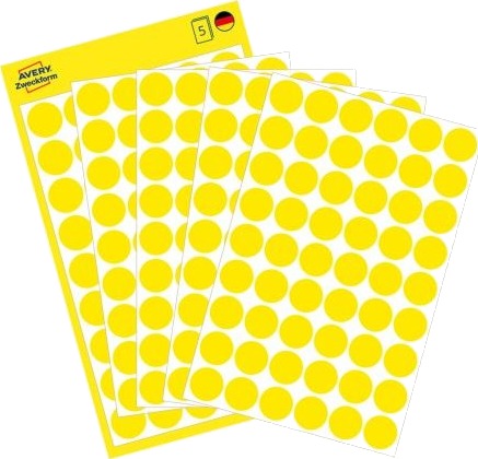 Avery Zweckform   Gul   12 Mm Runde 270 EtikettEr 5 Ark X 54 Runde Etiketter