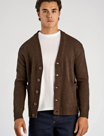 Lindbergh Lambswool Button Cardigan - Brown - L Lindbergh Lambswool Button Cardigan - Brown - L