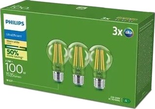 Philips Ultra Efficient Led Pære E27 | A60 | 7.3W = 100W | 2700K Varm | 3 Stk. Philips Ultra Efficient Led Pære E27 | A60 | 7.3W = 100W | 2700K Varm | 3 Stk.