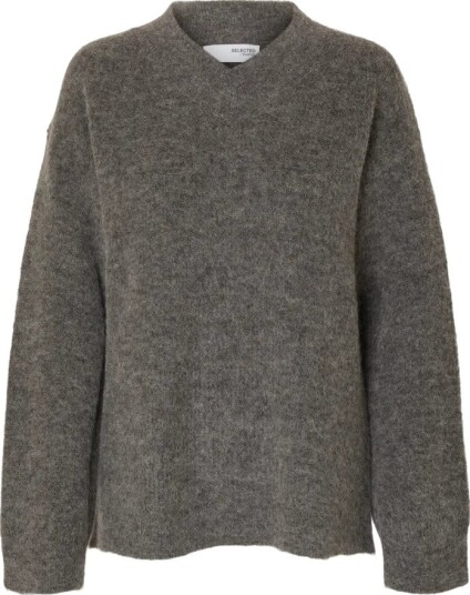 Selected Femme Pullover slfSia Ras LS Knit Long V neck Grå