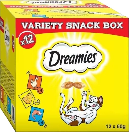 Dreamies Kattesnacksboks 720g med Kylling, Ost og Laks Smak Dreamies Kattesnacksboks 720g med Kylling, Ost og Laks Smak