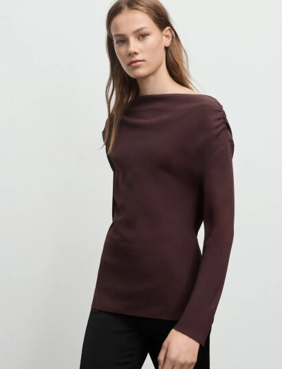 Mango Blouse With Asymmetrical Neckline Brown M Mango Blouse With Asymmetrical Neckline Brown M