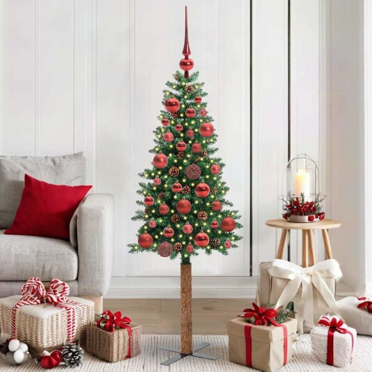 Slim juletre med 150 LED grønn 150 cm PVC og Massivt Furu tre Slim juletre med 150 LED grønn 150 cm PVC og Massivt Furu tre