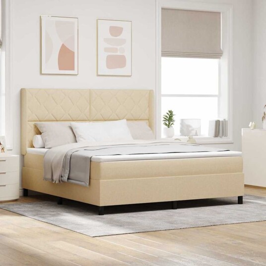  Box Spring Seng med Madrass og LED Krem 180x200 cm Stoff