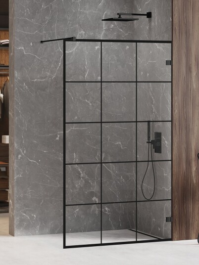 AVEXA Walk in Dusjvegg | Enkel Glassvegg med sprosser | 6mm Glass | Sort Matt Black Matt 70x200
