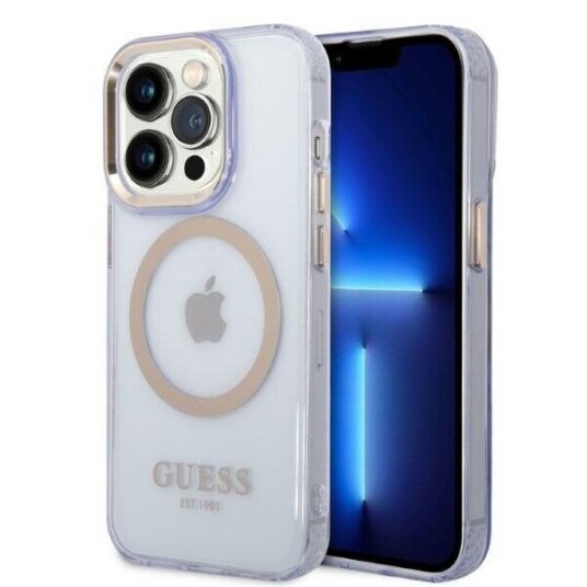 Guess Mobildeksel iPhone 14 Pro 6,1" Lilla Gjennomsiktig med Gold Outline og MagSafe
