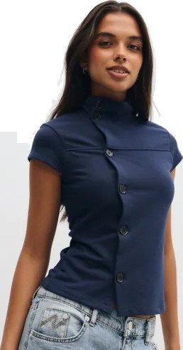 Nelly   Blå   High Neck Button Top