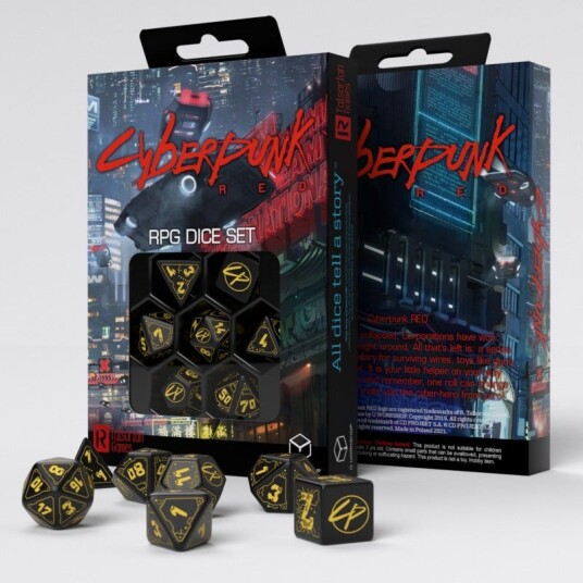 Cyberpunk Red Wet Work Poly Black /Yellow (7) Terningsett - Rollespill fra Outland