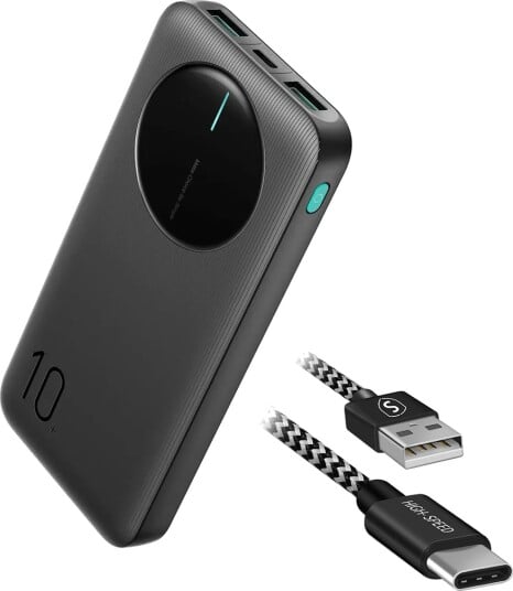 Joyroom JR-PF012-P 10000mAh LED Powerbank 2.4A med kabel Sort