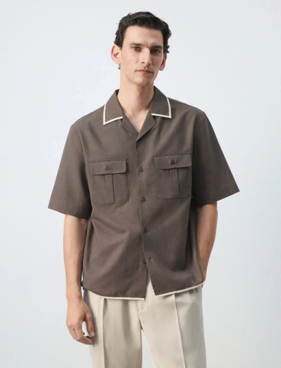 Mango Linen Cotton Camp Collar Shirt Brown XL Mango Linen Cotton Camp Collar Shirt Brown XL