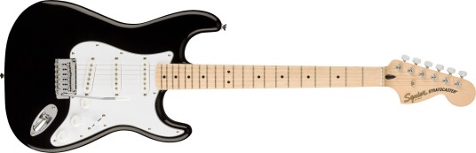 Squier Affinity Series Stratocaster Svart, Hvit Plekterbrett, Lønnehals Squier Affinity Series Stratocaster Svart, Hvit Plekterbrett, Lønnehals
