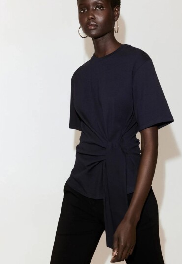 Mango Cotton T Shirt With Side Bow Navy XS Mango Cotton T Shirt With Side Bow Navy XS