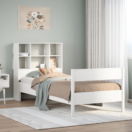 Seng med bokhylle uten madrass hvit 90x190 cm heltre furu