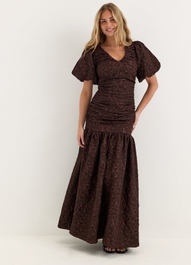Bubbleroom Occasion Puff Sleeve V neck Jaqcuard Gown