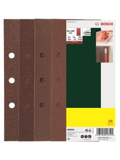 Bosch 25-delers slipepapirsett til plansliper, korning 60, 80, 120, 240 G= 60, 80, 120, 240, 8 hull (B+D)