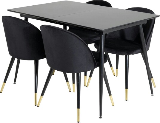 Silar Spisegruppe Forlengningsbar 120 cm Rektangulær med 4 Velvet Stoler - Sort/Guld