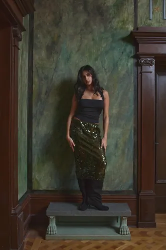 Nelly   Grønn   Sequin Mesh Midi Skirt