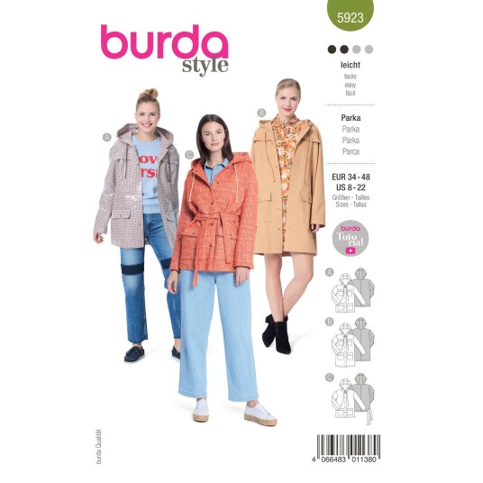 Burda 5923 - Parkasjakke EUR: 34-48, US: 8-22